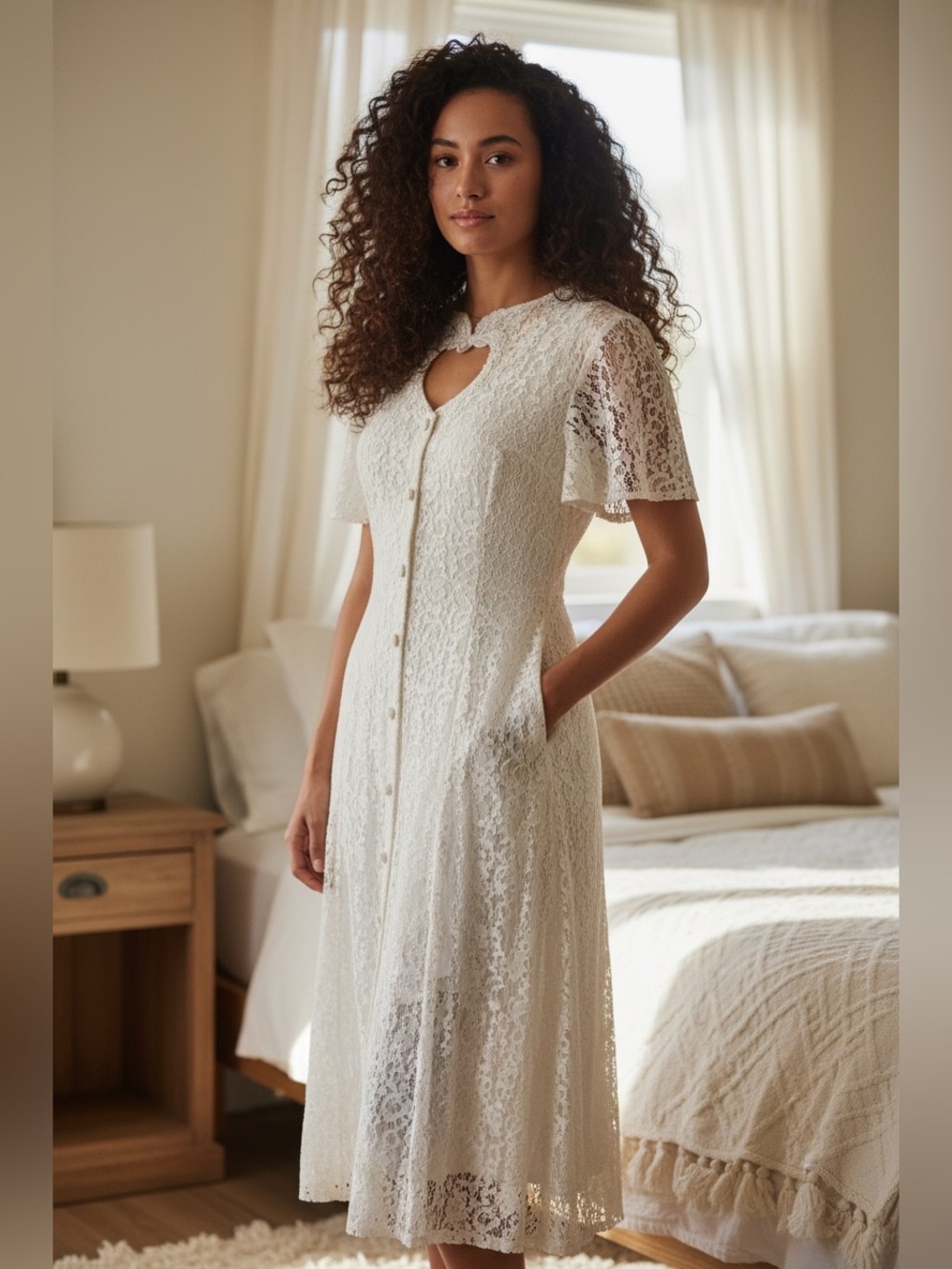 Vtg Jodi Lace Overlay White Flutter Sleeve Sweetheart Maxi Dress SP